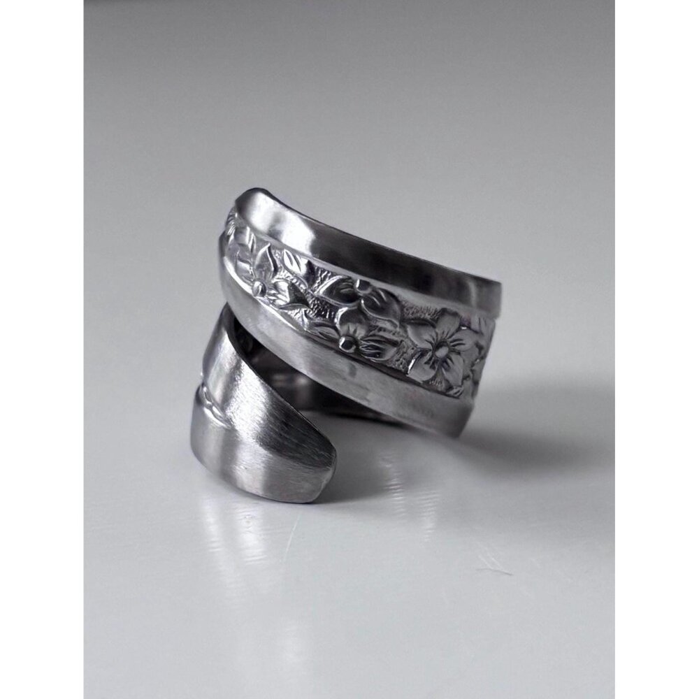 Handmade Floral Spoon Ring - Size 6.5 Silverware Wrap Band Silver